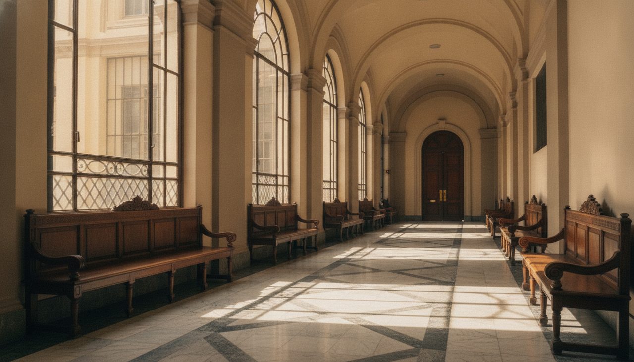 Corredor de fórum brasileiro representando ação judicial para anular testamento inválido