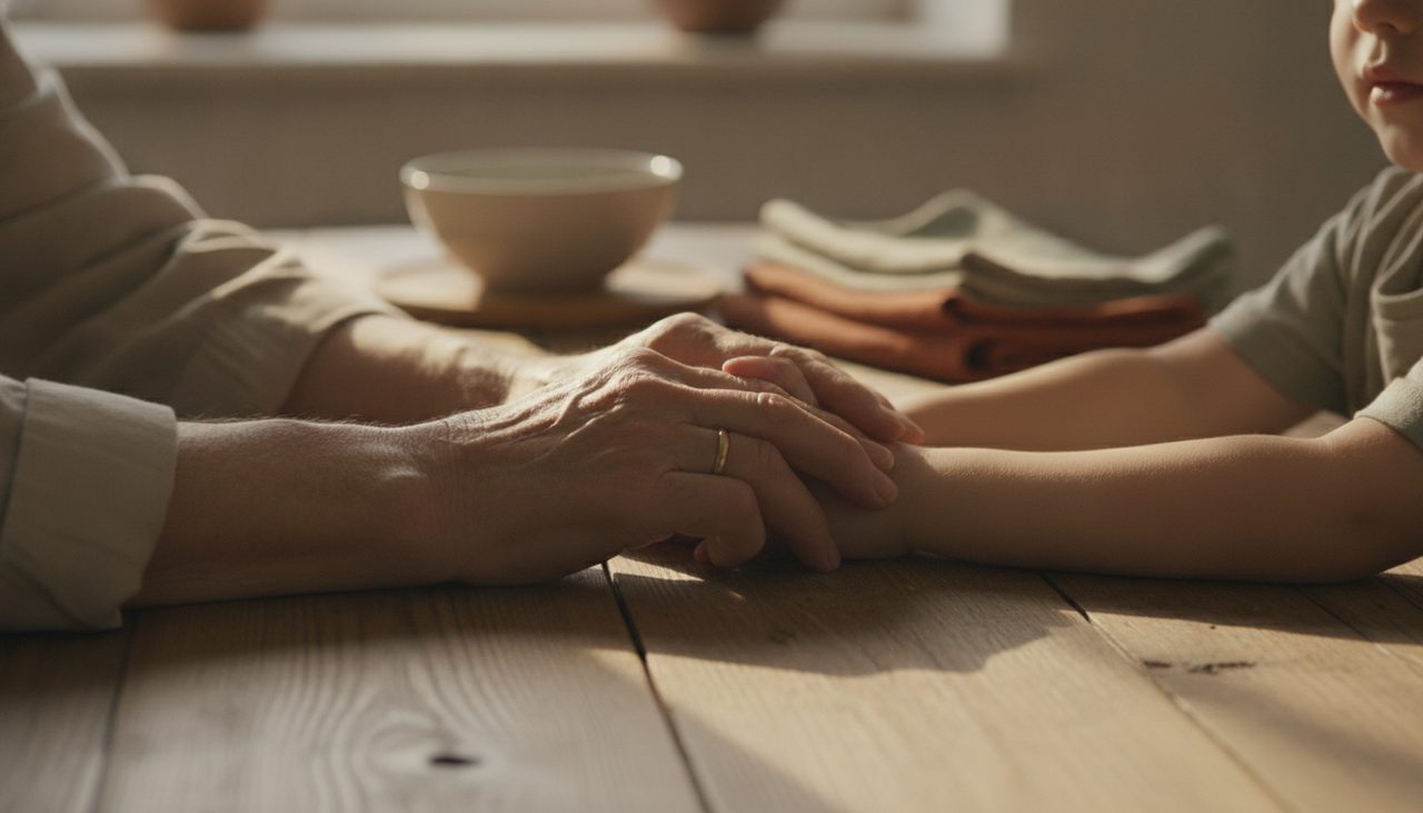 Mãos de avós segurando mãos de neto, simbolizando direito dos avós à visita dos netos