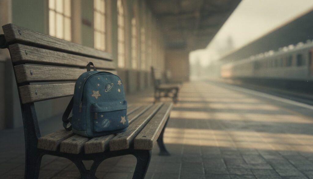 Mochila infantil em plataforma de trem representando guarda de filhos pais em cidades diferentes