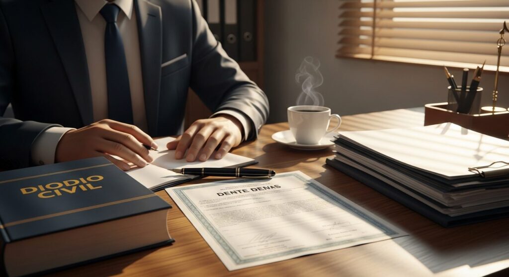 Mesa de escritório com documentos de inventário judicial e código civil brasileiro