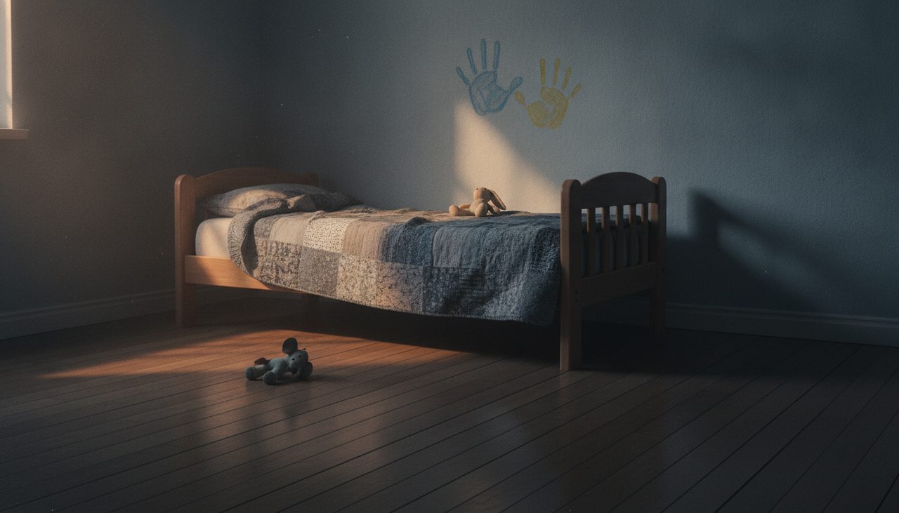Quarto infantil vazio simbolizando ruptura de vínculo em negatória de paternidade