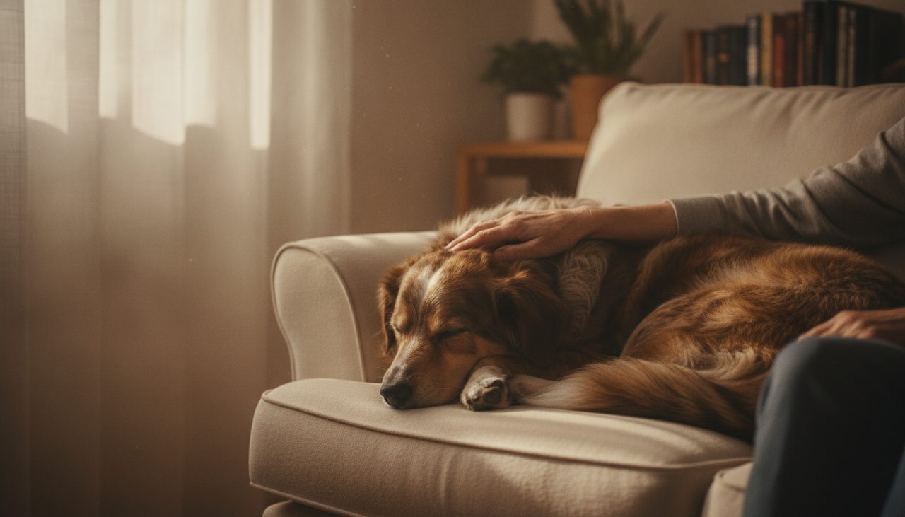 mãos acariciando cachorro dormindo simbolizando proteção pet no testamento