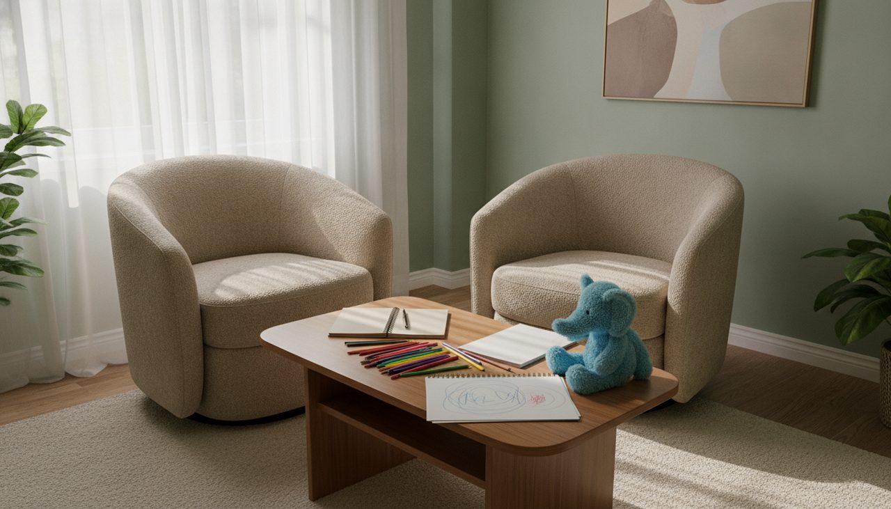 Sala de estudo psicossocial com brinquedos usada em processos de guarda de filhos