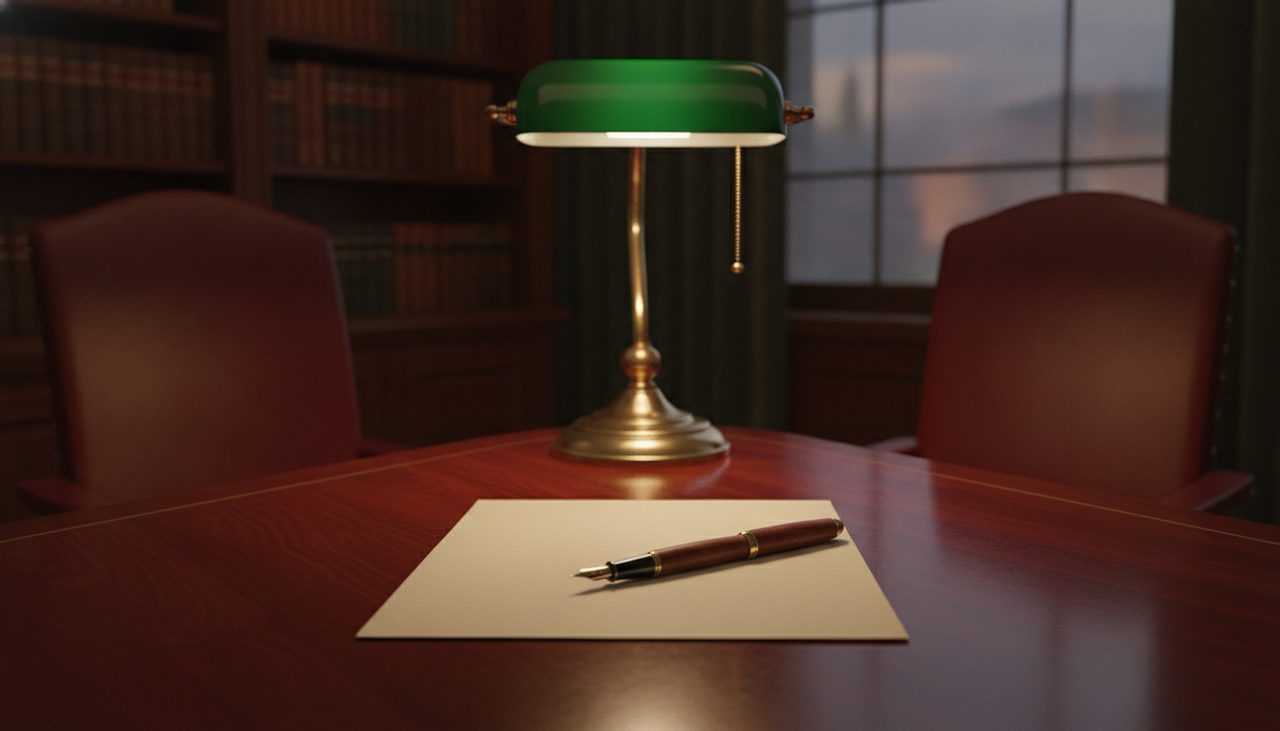 Documento de renúncia à herança sobre mesa de cartório sem rostos visíveis