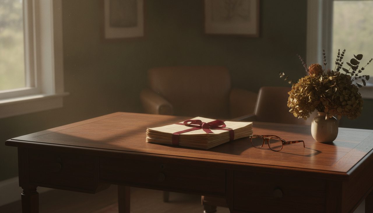 documentos de herança sobre mesa de madeira em escritório doméstico acolhedor