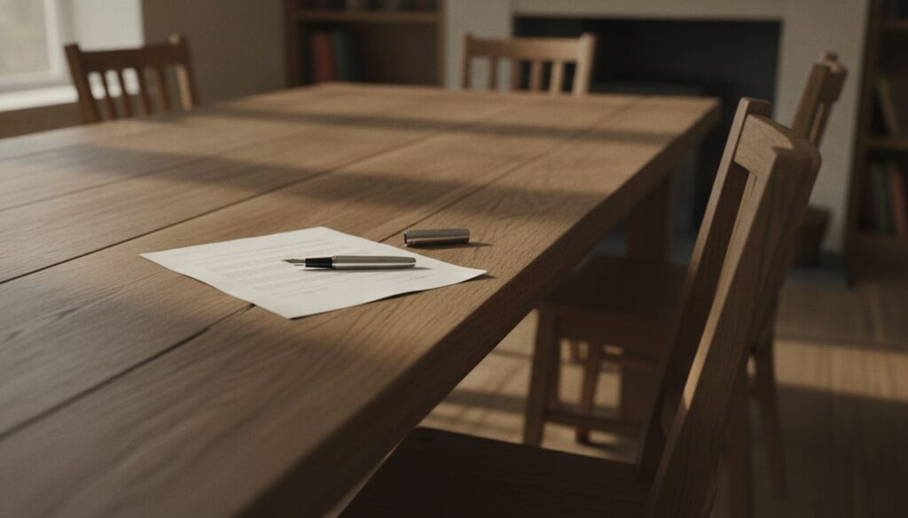 Documento de inventário não assinado sobre mesa, representando herdeiro que não assina inventário
