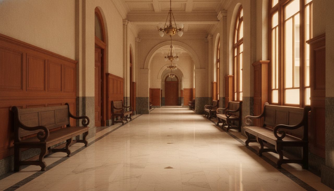 Corredor de fórum judicial brasileiro onde tramita inventário com herdeiro recalcitrante