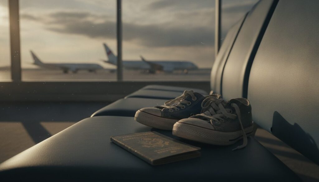 passaporte e sapatos de criança em aeroporto representando levar filho para outro país sem autorização