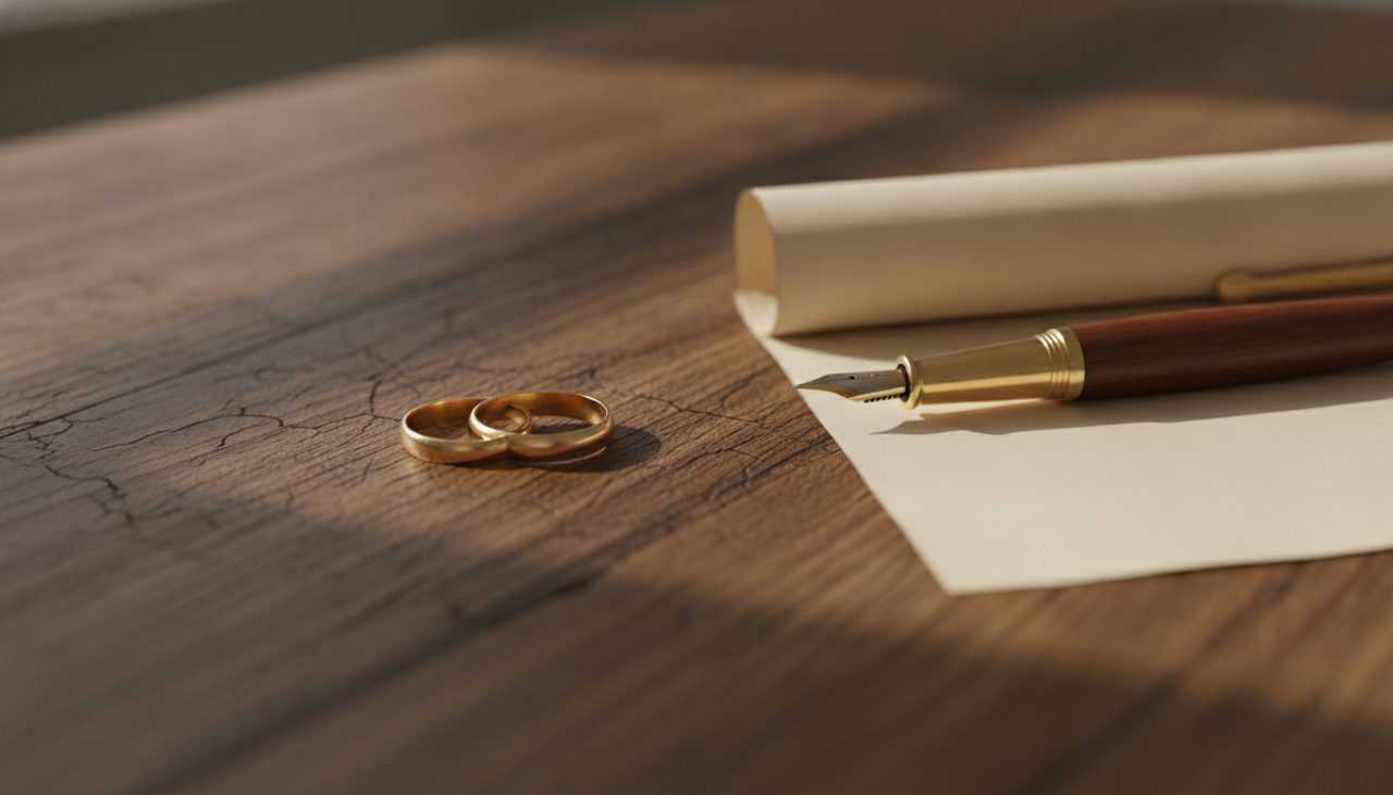 contrato de união estável sobre mesa com alianças símbolo de formalização