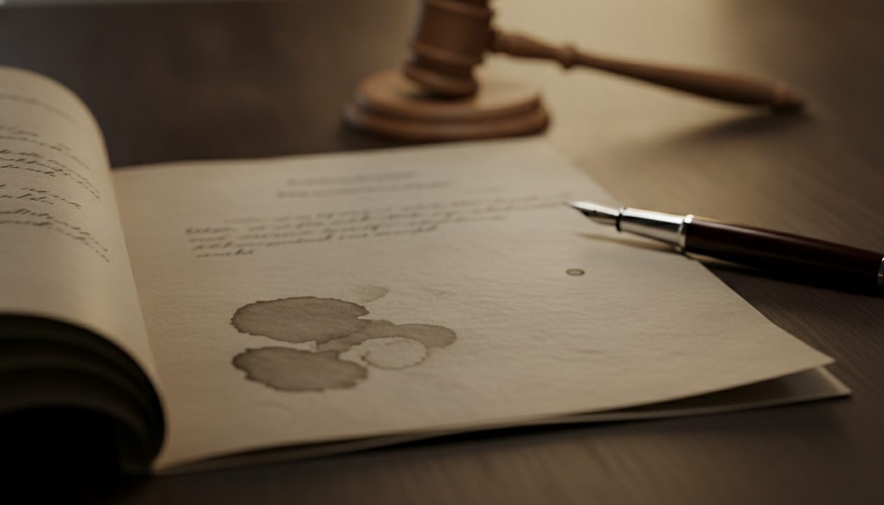 Escritura pública de união estável aberta sobre mesa de cartório com caneta
