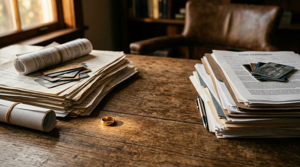 documentos financeiros separados representando a divisão de dívidas no divórcio