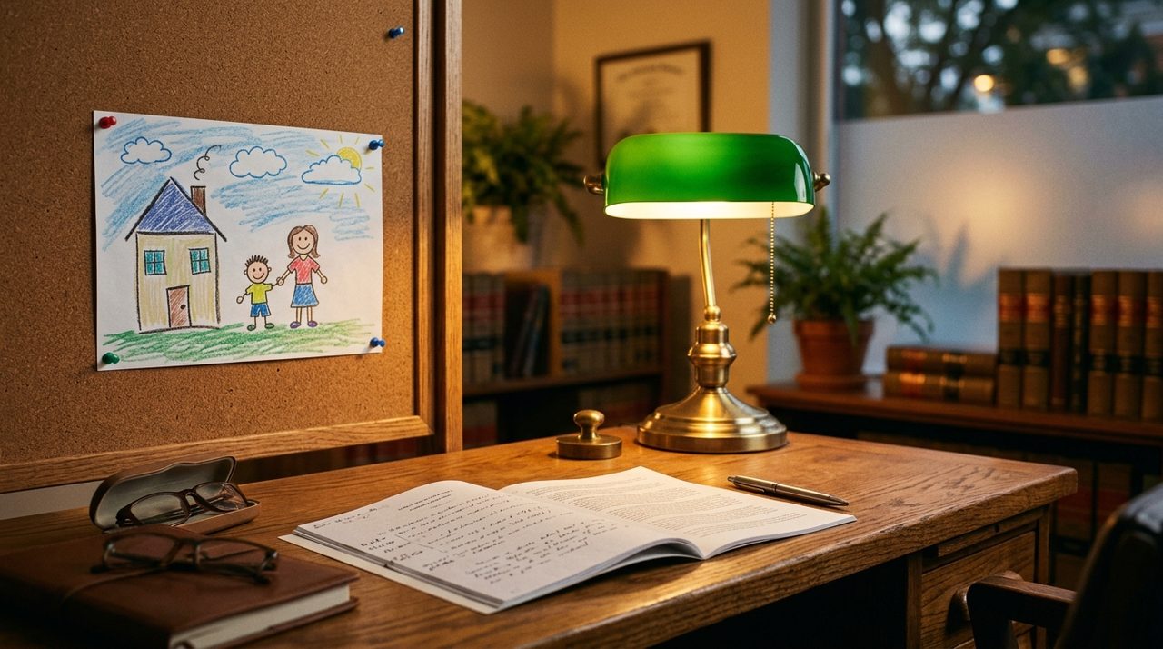 Mesa de escritório jurídico com acordo de divórcio e desenho de filho pequeno