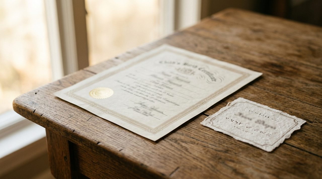 certidão de nascimento de filho sobre mesa após divórcio dos pais