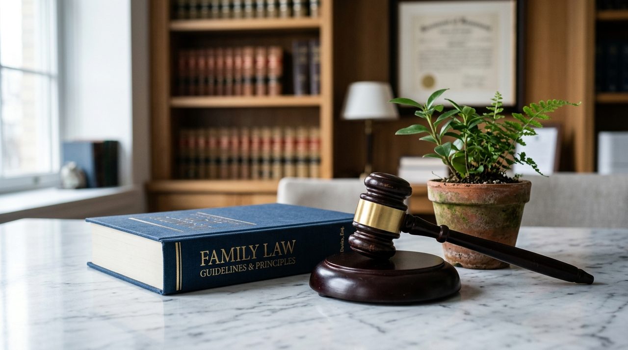 martelo de juiz e livro de direito de família sobre mesa em processo de nome do filho