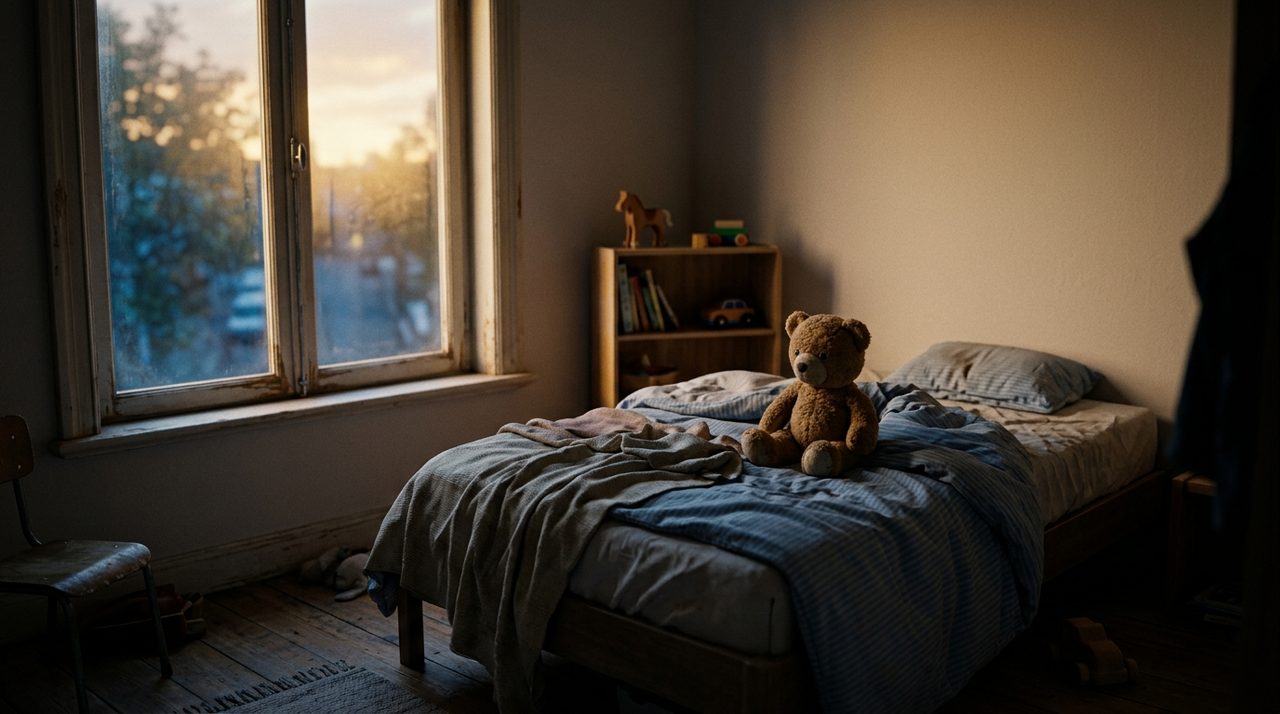 criança afastada de genitor por alienação parental, quarto vazio ao entardecer