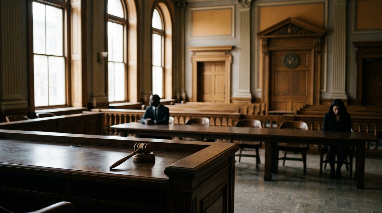 Sala de audiência onde juiz decide sobre guarda compartilhada obrigatória