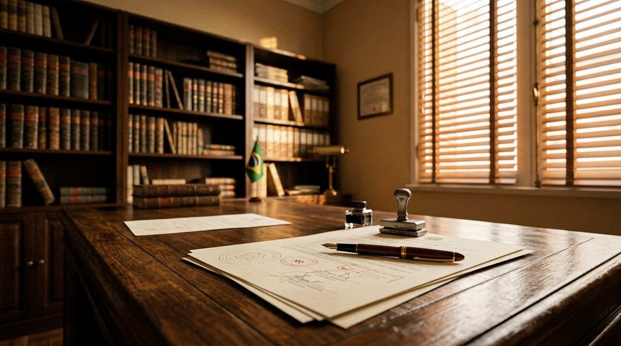 Mesa de cartório com documentos e caneta para inventário extrajudicial em cartório