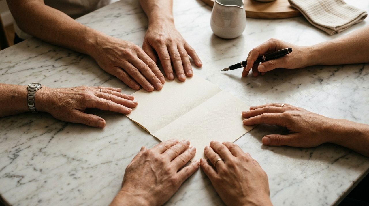Mãos de herdeiros sobre escritura de inventário extrajudicial em cartório 2026