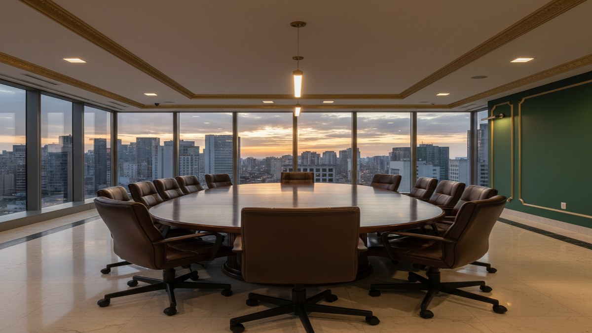 Sala de reuniões de escritório de advocacia em São Paulo vista para skyline da cidade