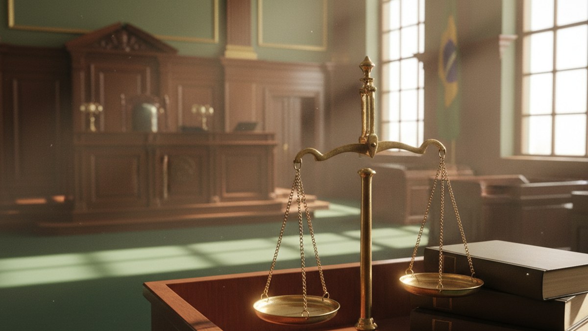 Mesa de tribunal com balança jurídica e código civil para julgamento de alienação parental no TJSP