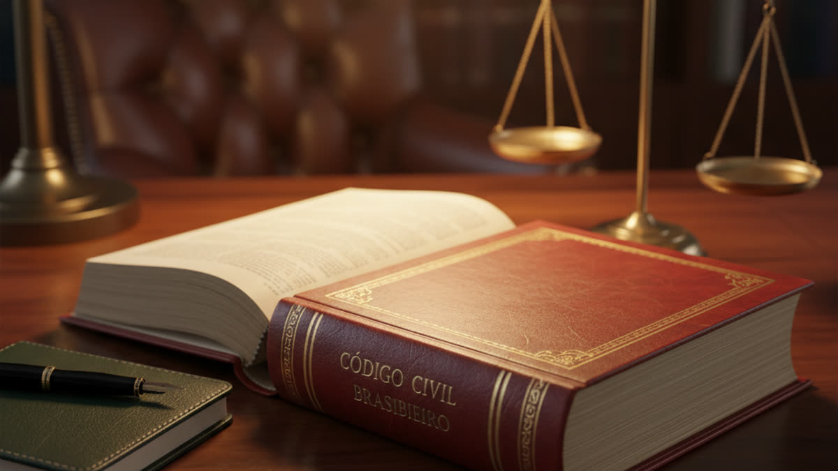 Livros de direito de família e código civil sobre mesa de escritório de advocacia em São Paulo