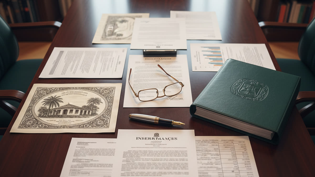 Advogado de família analisando documentos de inventário e partilha de bens em escritório de advocacia