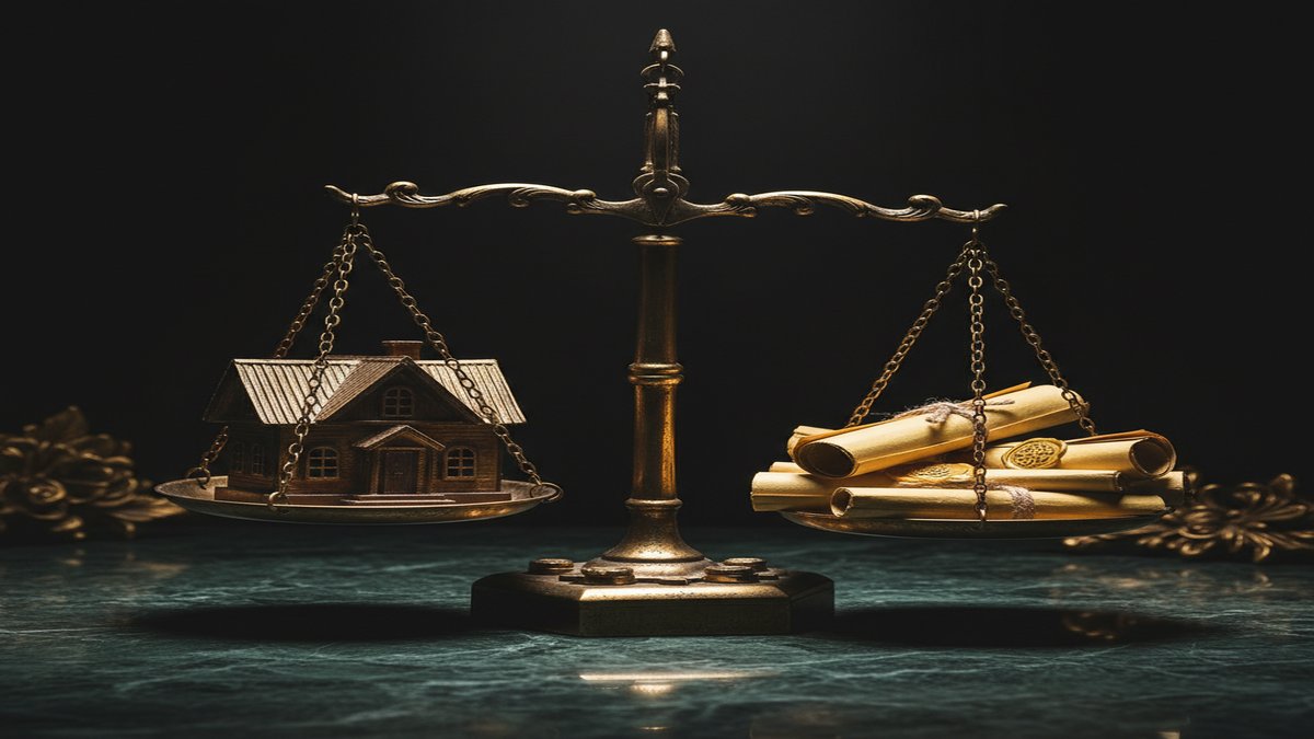 Balança da justiça dourada representando o equilíbrio entre bens herdados e dívidas do falecido no inventário