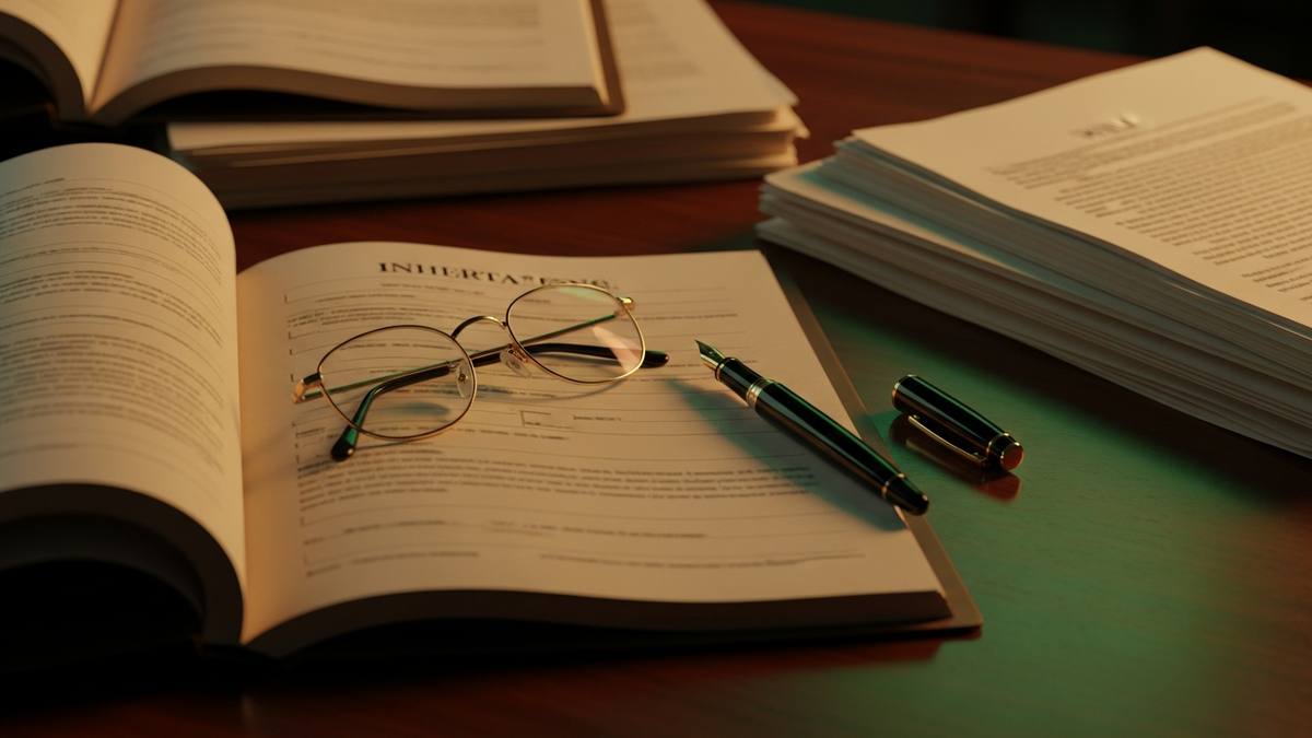 Documentos de inventário e petição de herança sobre mesa jurídica com iluminação dourada — advogado especialista em sucessões São Paulo Barbosa Veiga