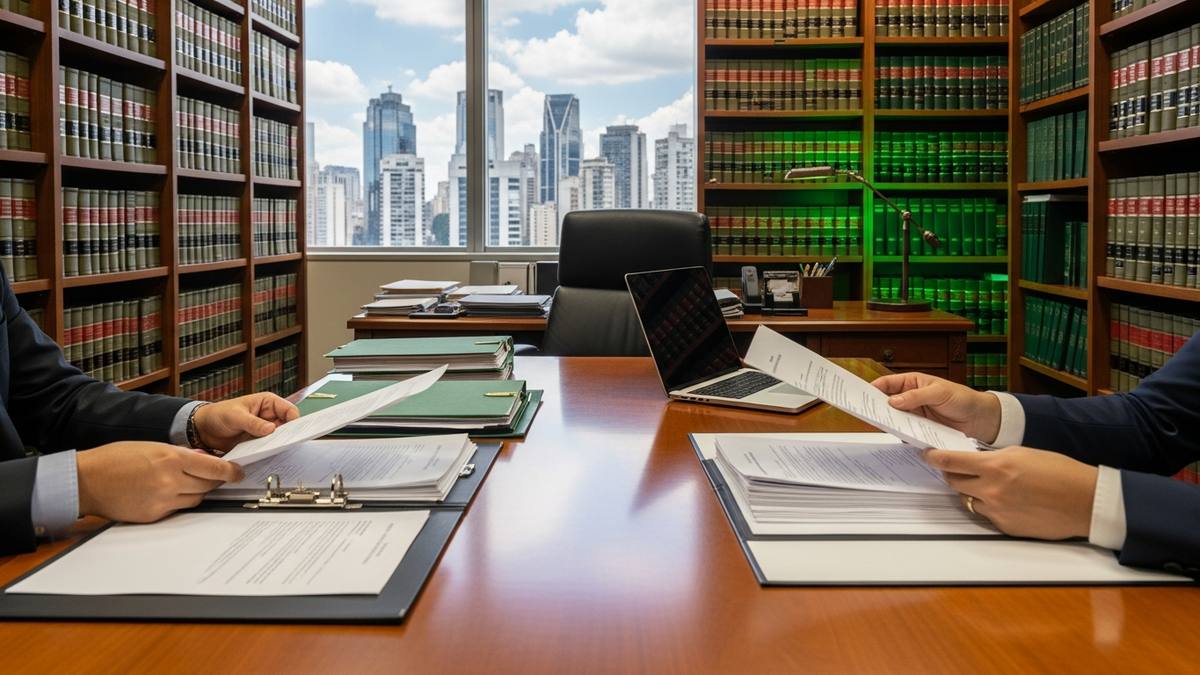 Advogado especialista em petição de herança em reunião com cliente analisando documentos sucessórios em escritório jurídico de São Paulo