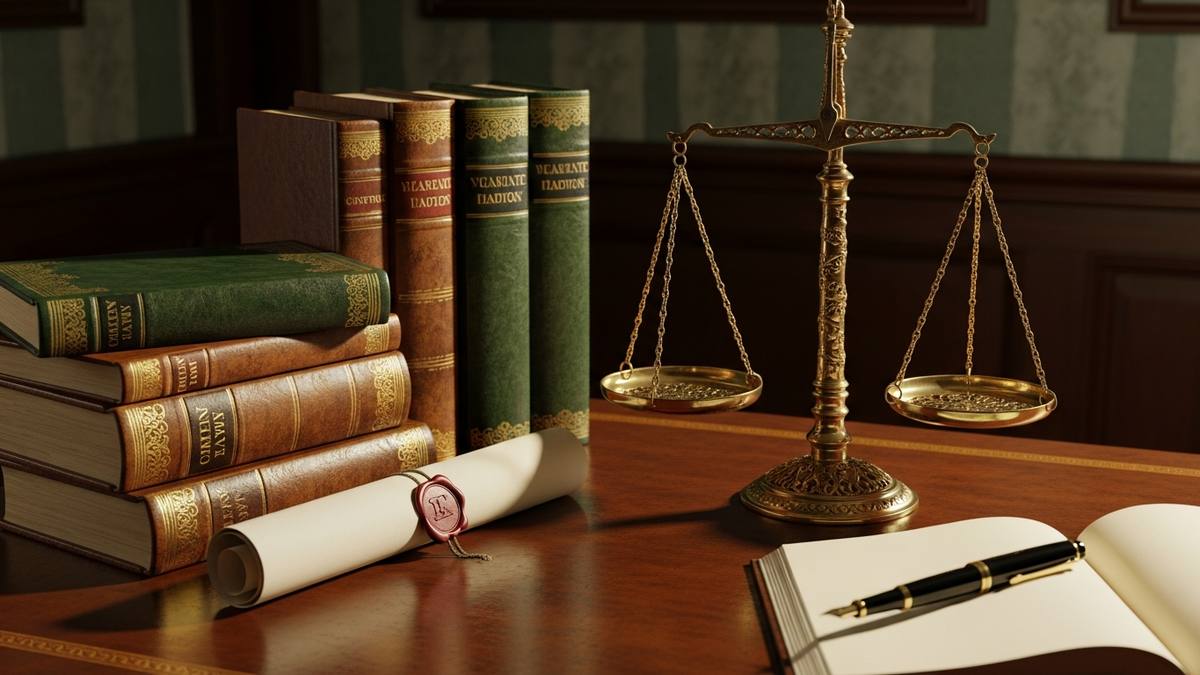 Petição de herança: balança da justiça sobre mesa de madeira com documentos jurídicos e iluminação em verde escuro e dourado — escritório Barbosa e Veiga advogados SP